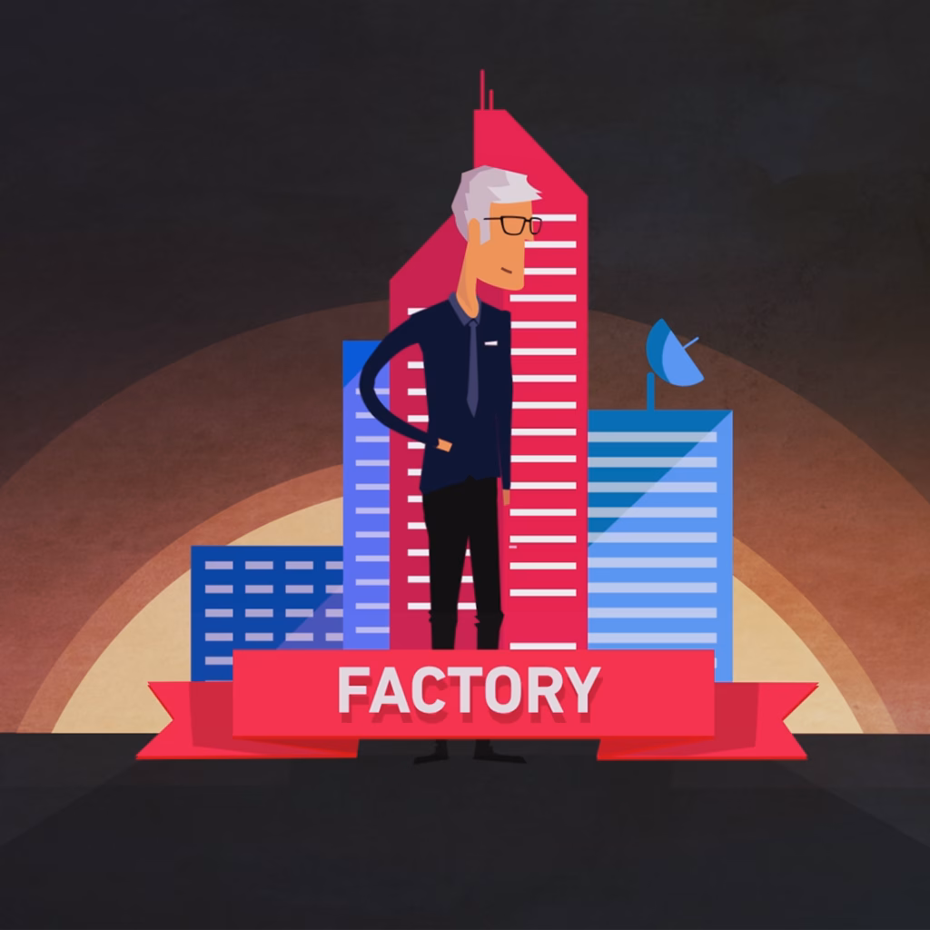 Illustration d'un conseiller devant une tour rose et bleue, film des 10 ans d'Alchimia Conseil par Sonacom