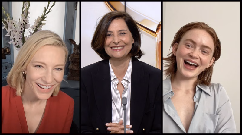Triptyque de trois femmes souriantes en visioconférence, webcast Armani réalisé par Sonacom