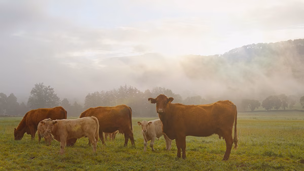 Troupeau de vaches dans un pré brumeux, portraits d'éleveurs Interbev réalisés par Sonacom