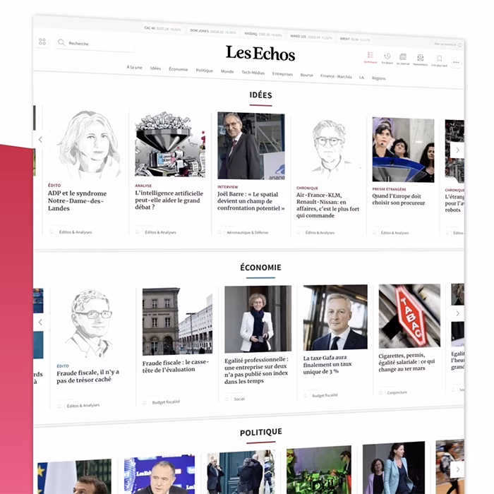 Page d'accueil du site Les Echos affichée à l'écran, film de présentation réalisé par Sonacom