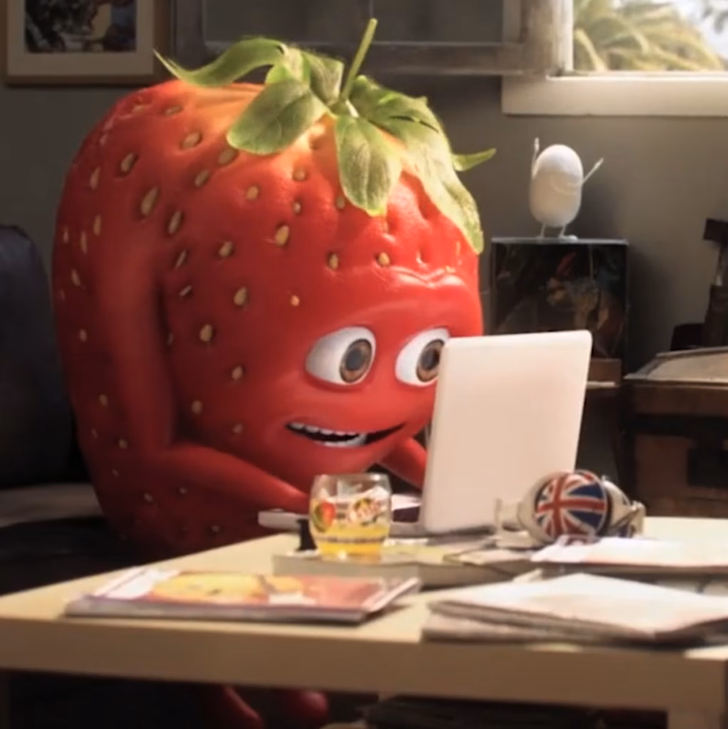 Fraise Oasis animée devant un ordinateur portable, film de marque BtoB réalisé par Sonacom