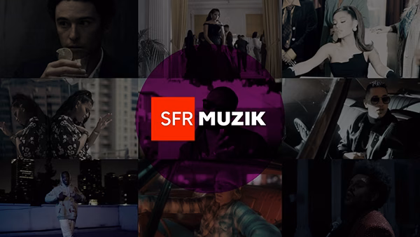 Mosaïque de clips musicaux autour du logo SFR Muzik, clip tutoriel réalisé par Sonacom