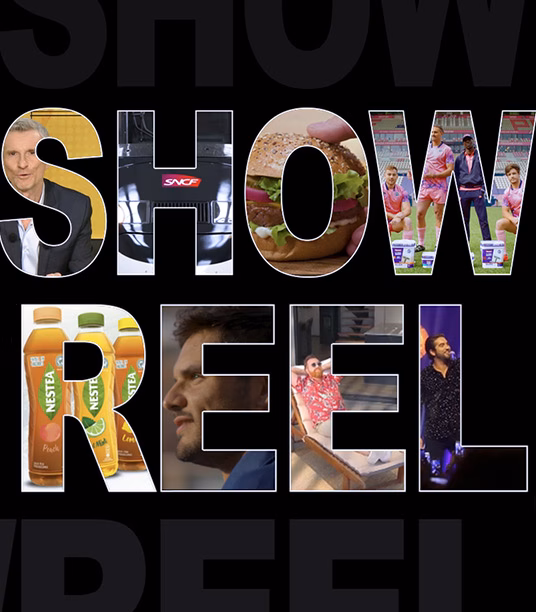 Lettrage SHOWREEL rempli d'images de productions Sonacom, bande démo de l'agence