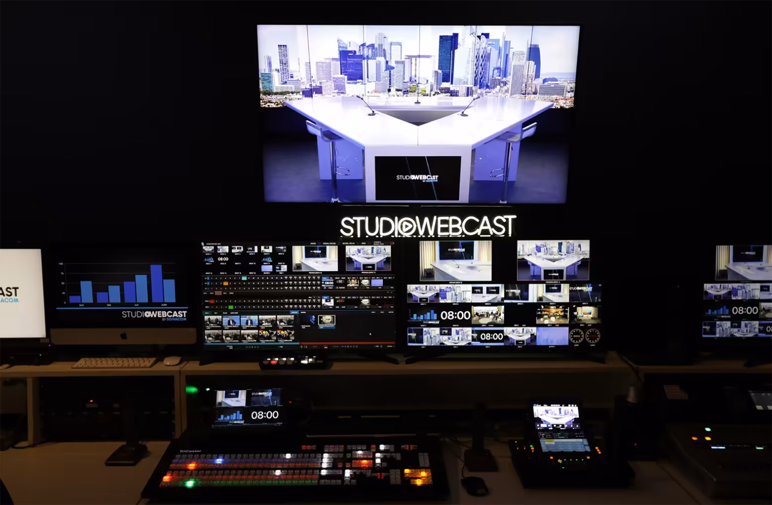 La régie vidéo connectée du Studio Webcast Sonacom et ses écrans de contrôle multicam