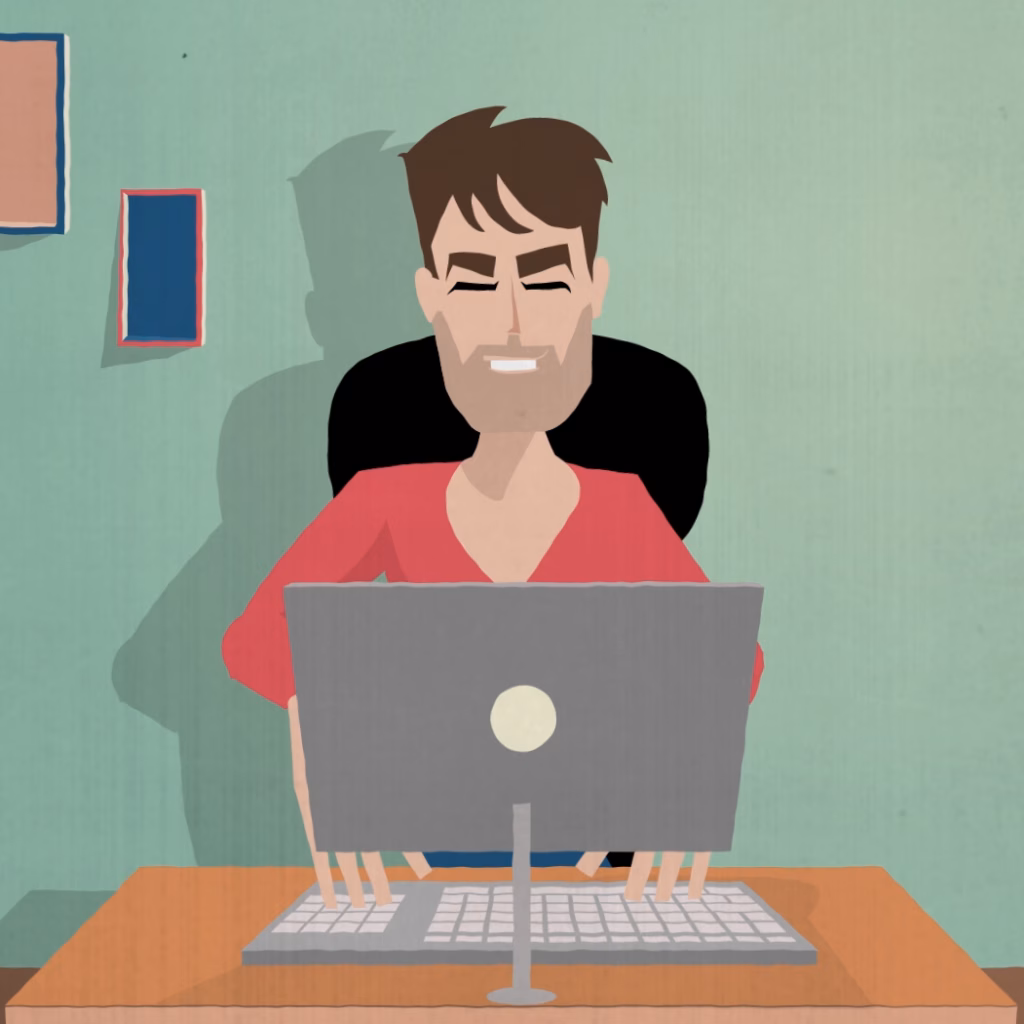 Illustration d'un homme au travail devant son ordinateur, film corporate Universal réalisé par Sonacom